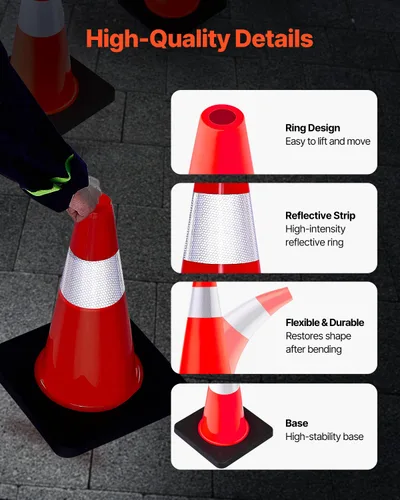 Vista 8 de VEVOR Conos de seguridad, paquete de 5 conos de tráfico de 18 pulgadas, conos de construcción naranja de PVC con collares reflectantes y base negra