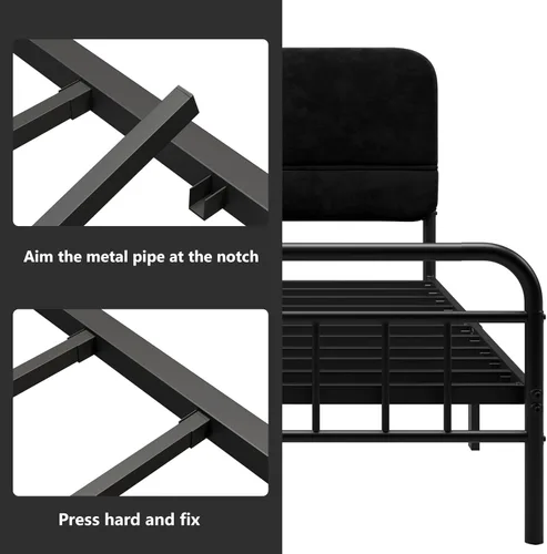 Vista 5 de Base de cama de 14 pulgadas de metal, base de cama tamaño Queen con cabecera tapizada, base de colchón resistente y de alta capacidad, fácil Negro