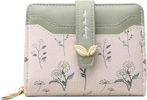 Vista 8 de Billeteras pequeñas para mujer, de cuero, plegable, con cremallera, con bolsillo con cremallera, lindo soporte para tarjetas de crédito, monedero