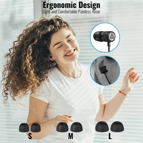 Vista 4 de LUDOS Auriculares con cable ultra intraauriculares, 5 años de garantía, auriculares con micrófono, auriculares con cancelación de ruido, espuma