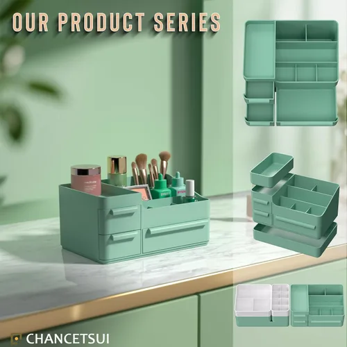 Vista 7 de CHANCETSUI Organizador de maquillaje con cajones, organizador de encimera para cosméticos, soporte de tocador para lápiz labial, pinceles, lociones