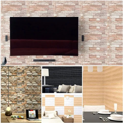 Vista 3 de Melairya Paneles de pared 3D autoadhesivos para decoración de paredes interiores, papel tapiz autoadhesivo de ladrillo de espuma, paquete de 20 Beige