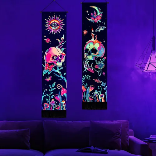 Vista 2 de Leofanger Paquete de 2 tapices verticales de calavera negra con luz negra, tapiz de sol y luna, tapiz de flores de mariposa y mariposa negra, tapiz