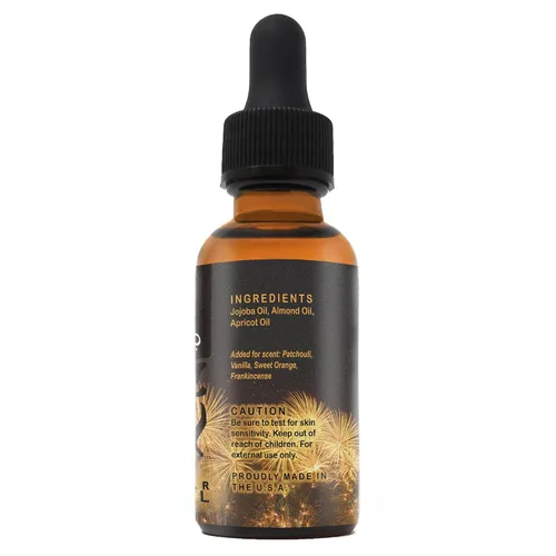 Vista 2 de Aceite para barba Happy New Year perfumado con pachulí, vainilla, naranja dulce e incienso (1 oz.)