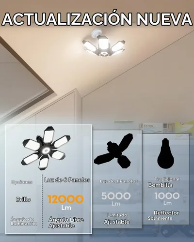 Vista 2 de Adiding - Luz LED de garaje giratoria, iluminación brillante de techo de tienda de sótano, accesorio de bahía con 6 paneles ajustables, base