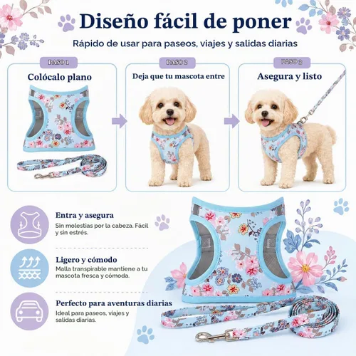 Vista 3 de Arnés para perro con correa, arnés reflectante para todo clima, sin tirones, con patrón floral, acolchado, malla para gatos, cachorros, perros