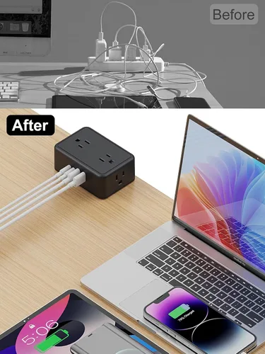 Vista 5 de Regleta de alimentación de abrazadera de escritorio 4AC salida 2 puertos USB-C, 2 puertos USB-A Desk Edge Mount Outlet Surge Protector Outlet