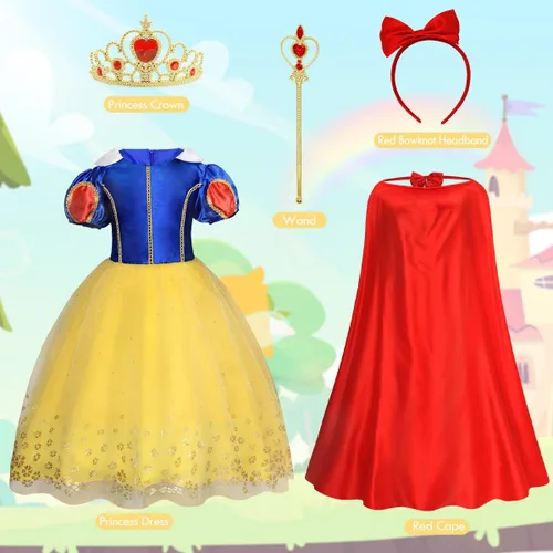 Vista 5 de COTRIO Vestido de princesa para niñas, disfraz de Halloween para niñas, ropa de disfraz para niñas pequeñas, conjunto con accesorios