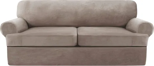 Vista 23 de NA Funda de terciopelo para sofá con cojín en T, 4 piezas, fundas de sofá suaves para sofá, fundas protectoras de muebles con 3 asientos Marfil