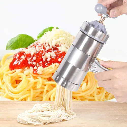 Vista 5 de Máquina de fideos manuales de acero inoxidable, máquina de prensa portátil para hacer pasta, herramientas de fabricación de espaguetis con 5 moldes