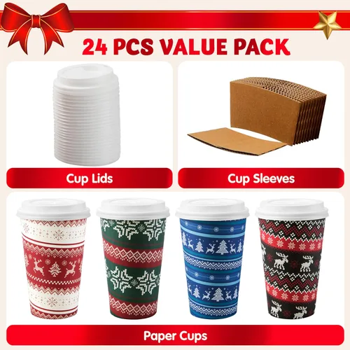 Vista 3 de JOYIN 24 piezas de vasos de papel desechables de Navidad, vasos de fiesta de Feliz Navidad de 16 oz con mangas y tapas, 4 diseños de vajilla