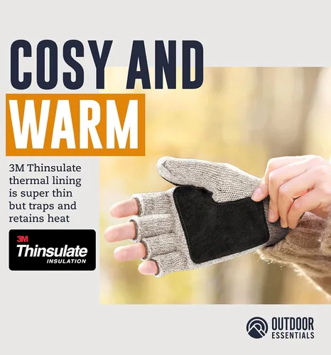 Vista 4 de Guantes de invierno sin dedos, guantes de lana convertibles para hombres y mujeres, guantes de nieve cálidos de punto térmico para clima frío