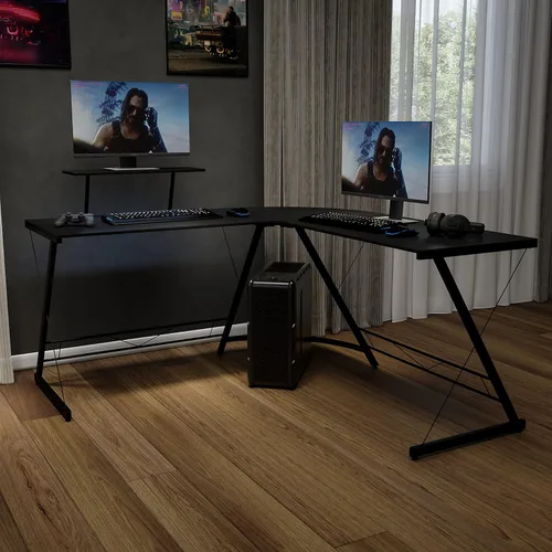 Vista 2 de Flash Furniture Ginny - Escritorio esquinero para juegos en forma de L para ahorrar espacio y estante para monitor, escritorio de computadora de 2