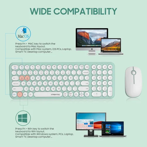 Vista 7 de Combo de teclado y mouse inalámbricos, 2.4 GHz, silencioso, delgado, lindo, redondo, tamaño compacto, color verde, Kawaii, juego de teclado retro