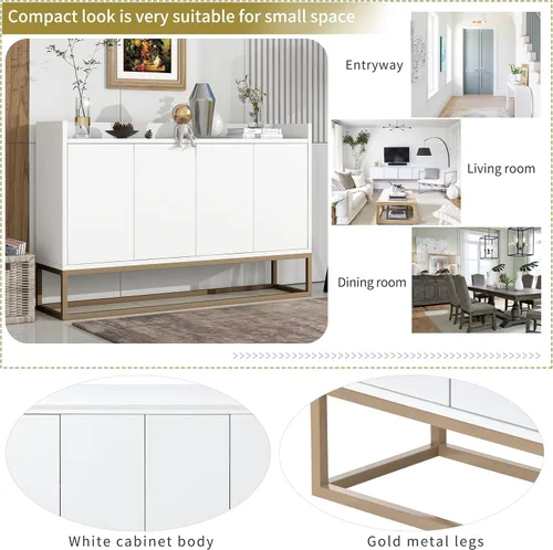 Vista 5 de Aparador moderno de gran espacio de almacenamiento con puerta de ratán artificial, mesa de consola con 4 puertas y estante ajustable, mesa de Blanco