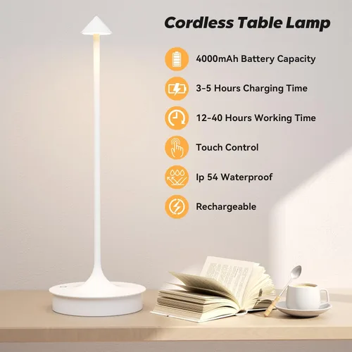 Vista 2 de Lámpara de mesa inalámbrica pequeña, recargable, funciona con pilas, lámpara táctil LED de 4000 mAh, regulable, portátil, impermeable