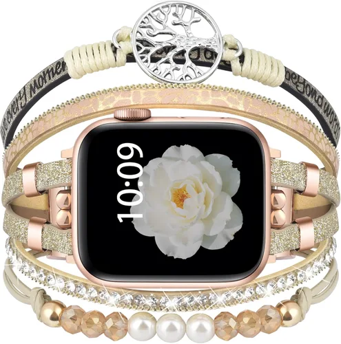 Vista 10 de Pulsera con cuentas boho para Apple Watch Band de 46 mm, 40 mm, 38 mm, 41 mm, 44 mm, 42 mm, 45 mm, 49 mm para mujer, accesorios de cuero envolvente