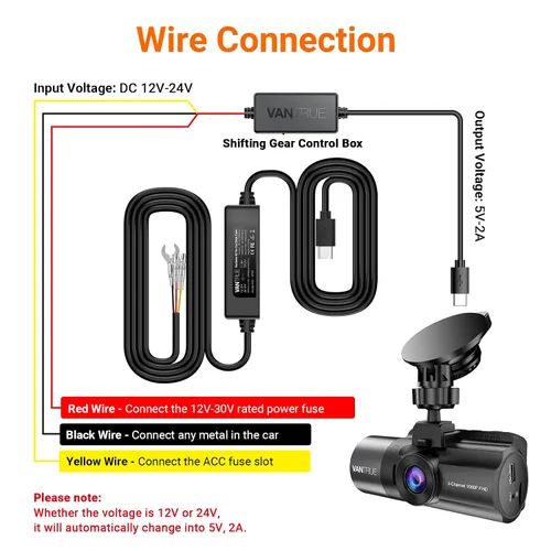 Vista 2 de Kit de cable duro USB-C Vantrue de 11.5 pies (12V–24V a 5V) con funcionalidad de accesorio, protección de bajo voltaje para N4(S)/N4