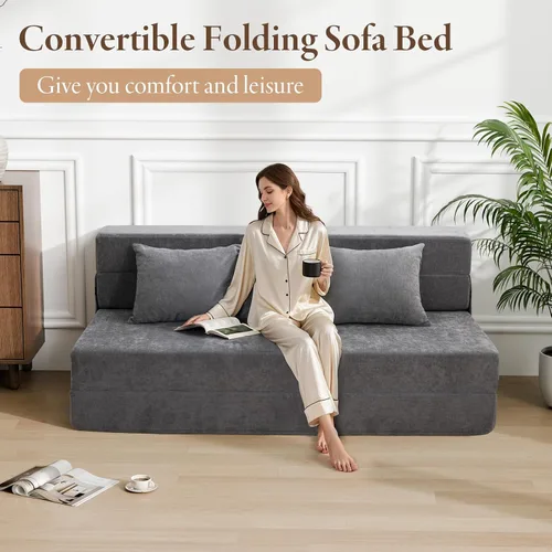 Vista 4 de HOMFINE Sofá cama plegable - Silla cama convertible con cojín, sofá cama plegable, colchón de espuma viscoelástica para piso, sofá futón, sofá