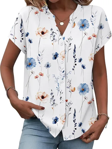 Vista 12 de Zeagoo Camisas con botones para mujer, camisetas de manga corta, cuello en V, blusas casuales de negocios