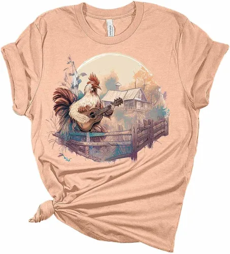 Vista 2 de Camiseta de manga corta para mujer, diseño de gallo tocando la guitarra