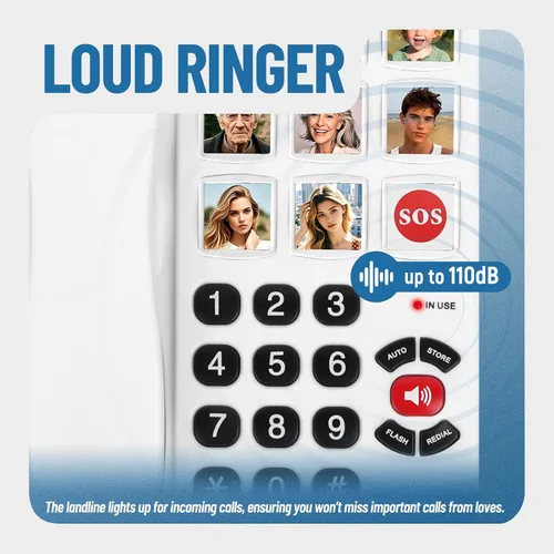 Vista 5 de Uvital Teléfono de botón grande para personas mayores, teléfonos fijos con cable para personas mayores con 8 botones grandes de marcación de un solo