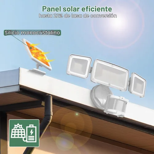 Vista 2 de GLORIOUS-LITE - Luz de seguridad solar para exteriores, luz LED solar de 1600LM con sensor de movimiento y 3 cabezales ajustables, 5500K Blanco