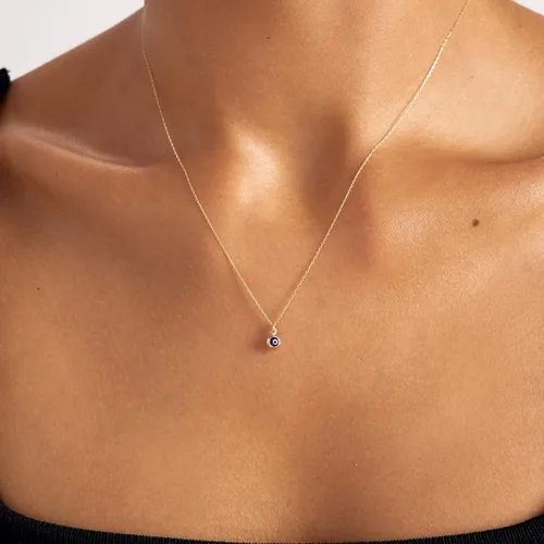Vista 2 de Collar de oro macizo de 14 quilates de ojo malvado azul Collares Hamsa de oro amarillo de 14 quilates para mujer Collar con colgante de bola