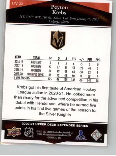 Vista 2 de 2020-21 Upper Deck Extended Series Ultimate Victory Hockey #UV-22 Peyton Krebs Vegas Golden Knights
