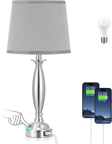 Vista 10 de Juego de 2 lámparas grises para dormitorio, lámpara de noche con control táctil con USB C+A, lámparas de mesita de noche regulables de 3 vías