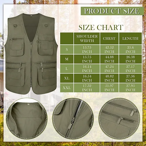 Vista 2 de Janmercy Chaleco de pesca de trabajo para hombre, 2 piezas, con sombrero, ligero, safari, viajes, caza, con múltiples bolsillos, sombrero de pesca