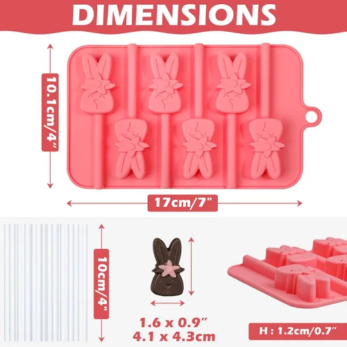 Vista 4 de Webake Moldes de piruleta de conejo para dulces de chocolate, 6 agujeros de silicona de conejo con palitos de piruleta, bonitos moldes de Pascua