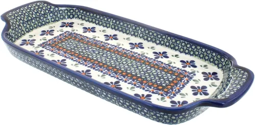 Vista 2 de Bandeja de pan de pavo real con flores de cerámica polaca con asas