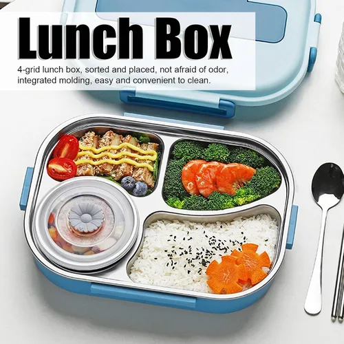 Vista 7 de Yosoo Lonchera de acero inoxidable, caja Bento portátil de 4 rejillas, contenedor de almacenamiento de alimentos para adultos, la tapa contiene Azul