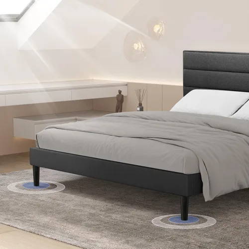 Vista 5 de BONSOIR Marco de cama tapizado de perfil bajo moderno de color gris de tamaño matrimonial con cabecero copetudo