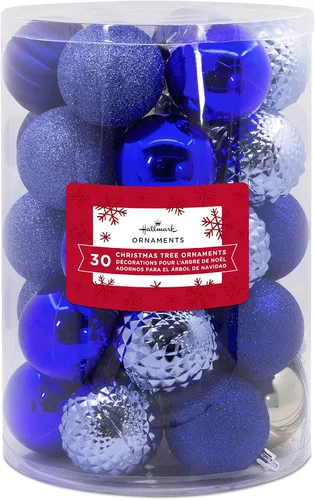 Vista 2 de Hallmark Bolas de Navidad azules y plateadas, adornos de Navidad, juego de 30