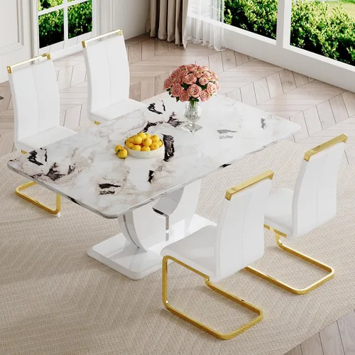 Vista 91 de JUFU Juego de mesa de comedor moderno para 4, juego de mesa de cocina rectangular de 63 pulgadas con mesa de mármol sintético y 4 sillas tapizadas