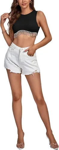 Vista 6 de Rooscier Camiseta corta sin mangas con diamantes de imitación acanalados para mujer