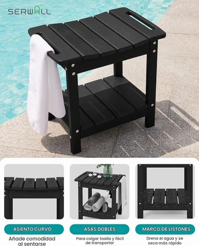 Vista 5 de SERWALL Banco de ducha, taburete de ducha de 18 pulgadas para ducha interior, HDPE, asientos de ducha impermeables para adultos con estante de Negro