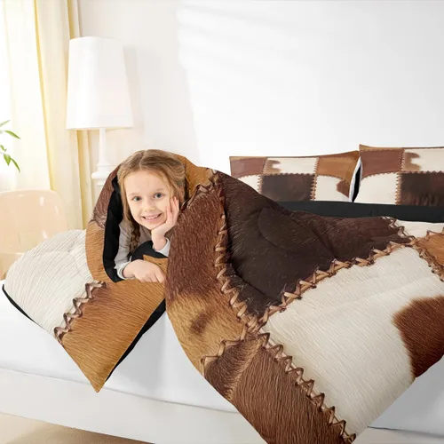 Vista 6 de Juegos de ropa de cama de piel de vaca con patchwork, edredón con estampado de piel de vaca, juego de edredón de animales de granja para niños