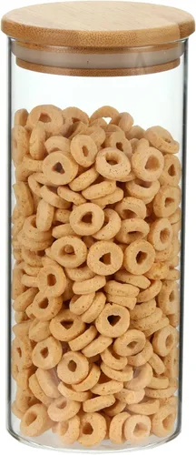 Vista 5 de Cestari Tarro de vidrio para almacenamiento de alimentos con tapa hermética de bambú, recipiente delgado de borosilicato de 24 onzas para granos