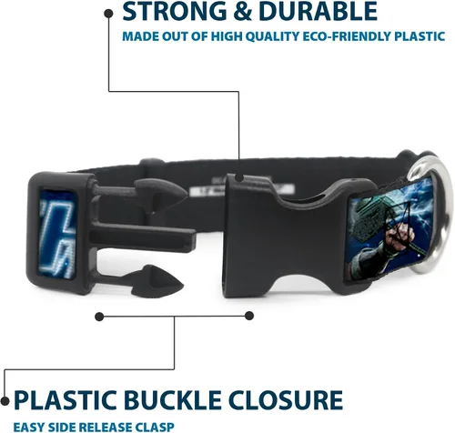 Vista 4 de Marvel Comics - Collar para mascotas, collar de perro, hebilla de plástico, Avengers Thor Hammer Action Pose Galaxy Blues White, 9.5 a 13 pulgadas