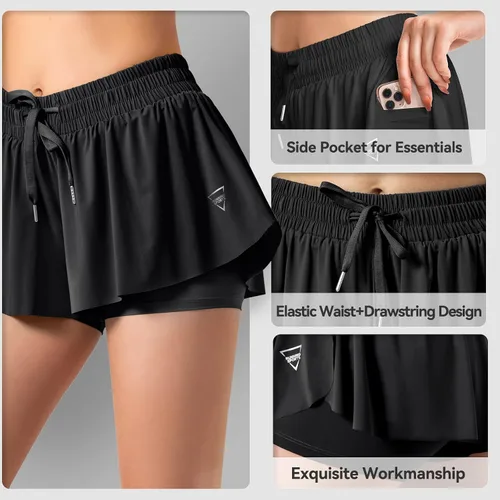 Vista 2 de Lainlight Pantalones cortos holgados para mujer, pantalones cortos atléticos de cintura alta, pantalones cortos casuales para correr con bolsillo