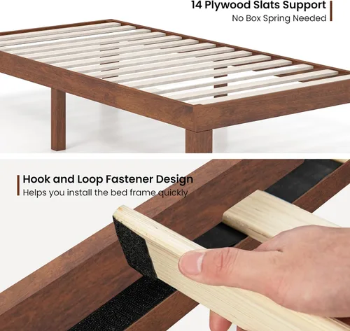 Vista 6 de KOMFOTT Armazón de cama de plataforma de madera de 14 pulgadas, tamaño Twin, base de colchón de madera con marco de madera de caucho, fuerte soporte
