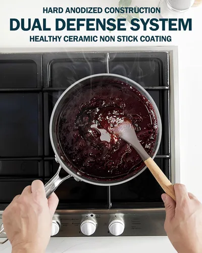 Vista 5 de Cook N Home Cacerola clásica antiadherente de cerámica de 1.5 cuartos de galón con tapa de vidrio, sartén de cocción de avena para sopa de leche