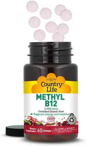 Vista 2 de Country Life Metil B12, soporta energía y resistencia, 5,000 mcg, 60 pastillas, certificado sin gluten, certificado vegano, certificado sin OMG