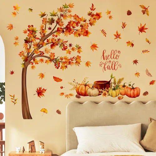 Vista 2 de Calcomanías de pared de árbol de otoño de 33.46 x 29.92 pulgadas, calcomanías de pared de árbol de acuarela con hojas de arce, decoración de pared