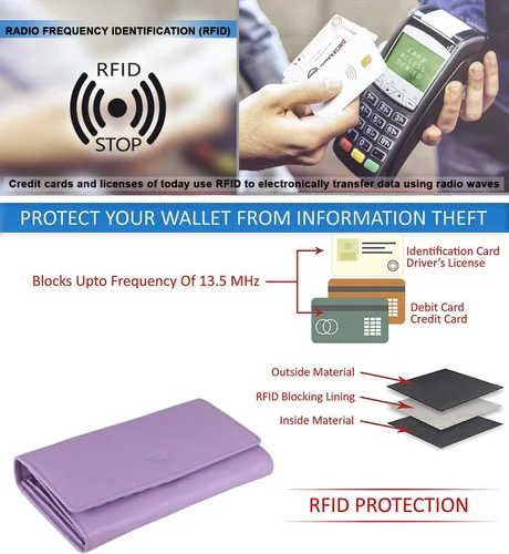 Vista 27 de Mou Meraki - Billetera o bolsa de mano de cuero genuino, con bloqueo de seguridad RFID, con escudo contra el robo de identidad, para mujeres