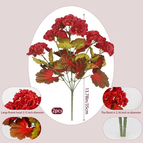 Vista 2 de CISDUEO 2 Piezas Flores de Otoño Artificiales para Decoración Geranios Falsos Rojos Flores de Primavera Falsas para Macetas Exteriores Plantas Otoño