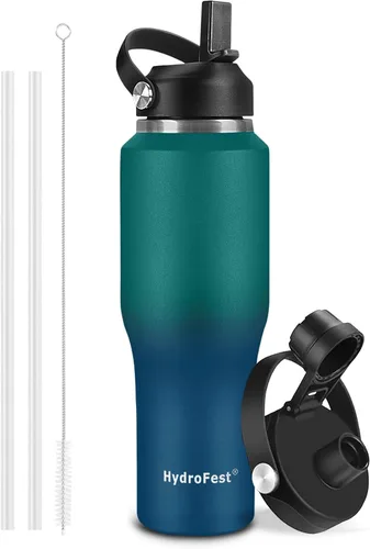 Vista 13 de Botella de agua de 32 onzas aislada con popote, botellas de agua a prueba de fugas, botella de agua para hombre, acero inoxidable para gimnasio